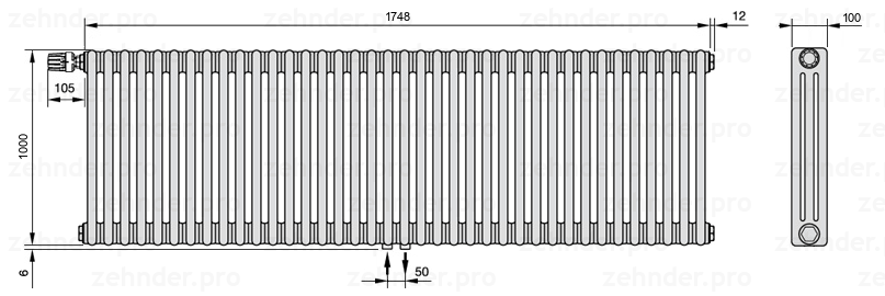 Схема (чертеж) Радиатор Zehnder Charleston 3100/38 №V007 Белый глянцевый RAL 9016